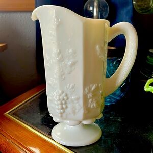 vintage Westmoreland milk glass pitcher in the Paneled Grape pattern. 9”